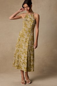 Caida Chartreuse Floral Satin Halter Midi Dress 1
