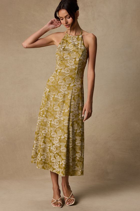Caida Chartreuse Floral Satin Halter Midi Dress 1
