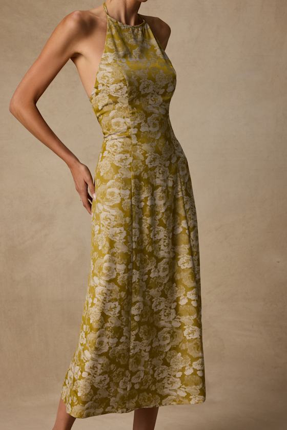 Caida Chartreuse Floral Satin Halter Midi Dress 2