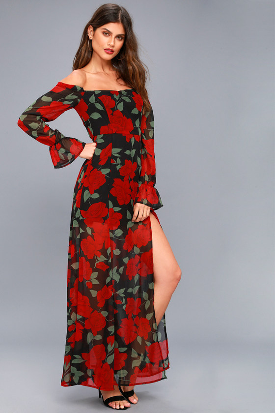 black and red floral maxi dress