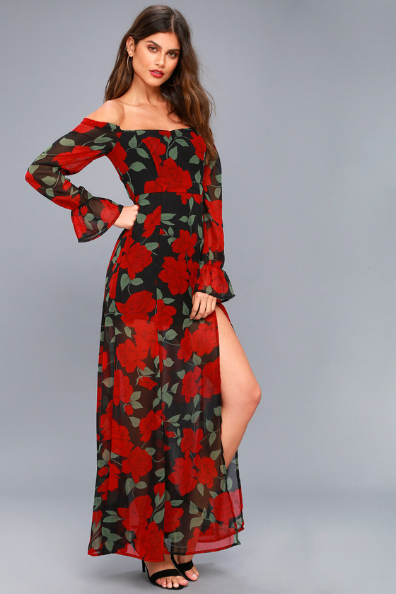 Final Rose Black Floral Print Off-the-Shoulder Maxi Dress