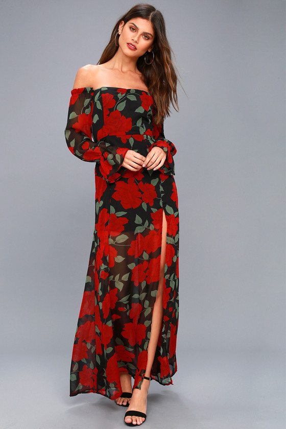 Final Rose Black Floral Print Off-the-Shoulder Maxi Dress