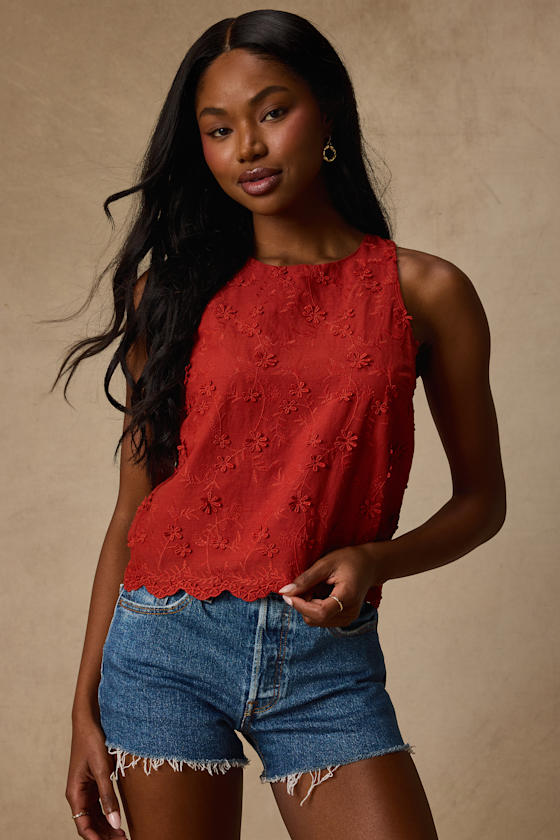 Pleasant Personality Rust Floral Embroidered Crew Neck Tank Top 1