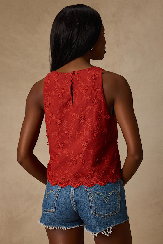 Pleasant Personality Rust Floral Embroidered Crew Neck Tank Top 2