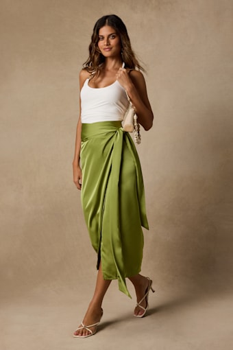 Take A Walk With Me Green Satin Wrap Midi Skirt 1
