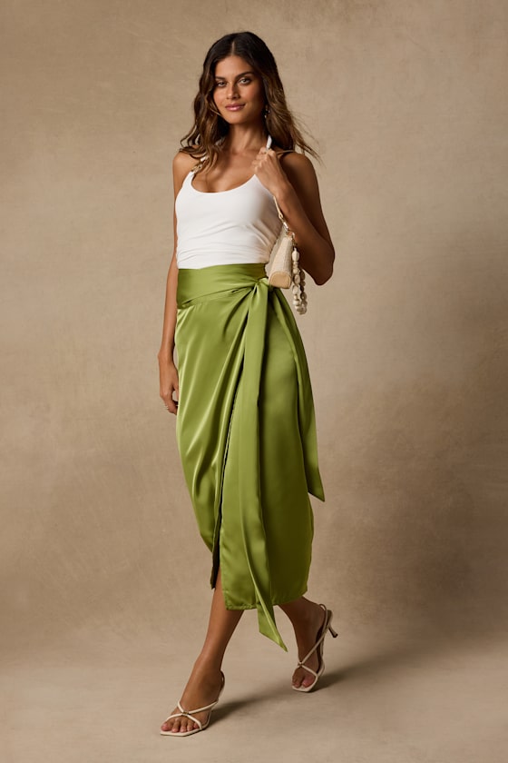 Take A Walk With Me Green Satin Wrap Midi Skirt 1