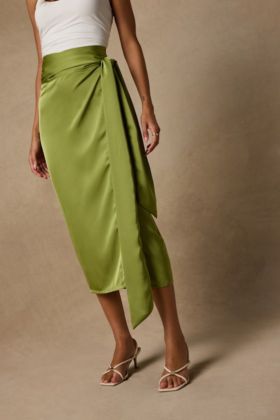 Take A Walk With Me Green Satin Wrap Midi Skirt 2