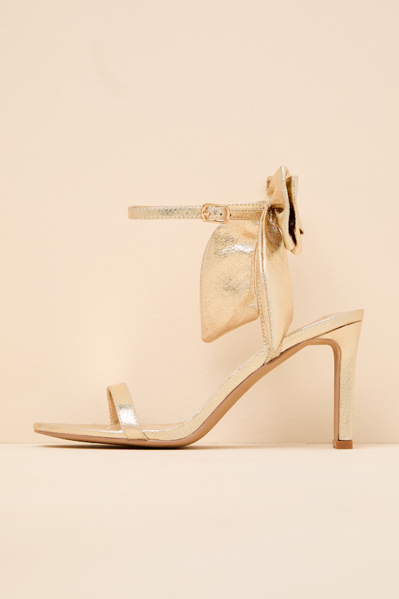 Allianna Gold Crinkle Bow High Heel Ankle Strap Sandals 1