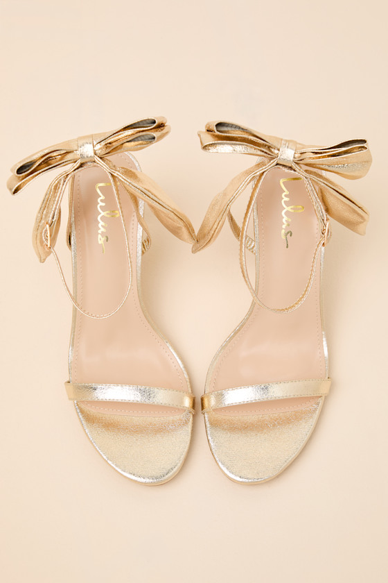 Allianna Gold Crinkle Bow High Heel Ankle Strap Sandals - thumbnail 4