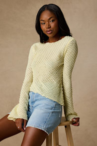 Xavia Light Yellow Ruffled Knit Asymmetrical Long Sleeve Top 1