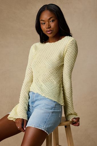 Xavia Light Yellow Ruffled Knit Asymmetrical Long Sleeve Top 1