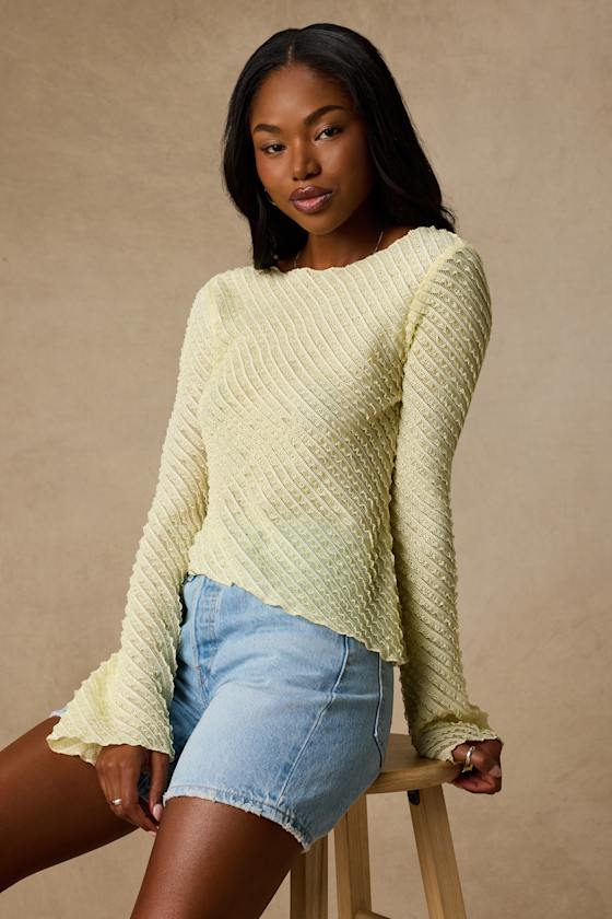 Xavia Light Yellow Ruffled Knit Asymmetrical Long Sleeve Top 1