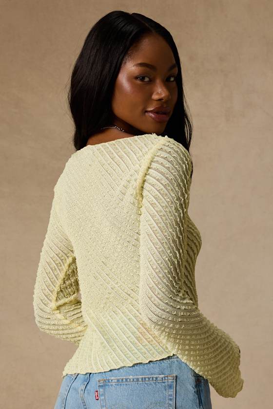 Xavia Light Yellow Ruffled Knit Asymmetrical Long Sleeve Top 2