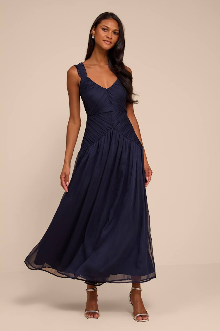 flattering navy blue dress Lulus | Navy Blue Pleated Drop Waist Midi Dress | Womens | XX-Small (Available in XS, S, M, L, XL)