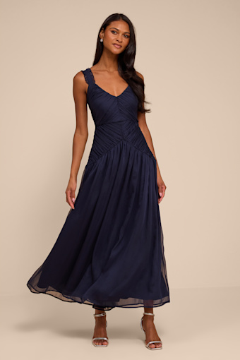 Laufey Navy Blue Pleated Drop Waist Midi Dress 1