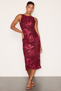 Taylin Berry Red Floral Applique Backless Midi Dress 1