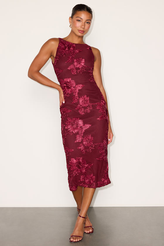 Taylin Berry Red Floral Applique Backless Midi Dress 1