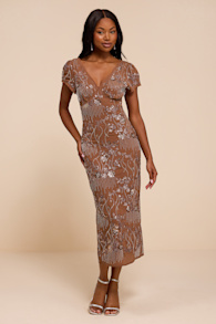 Angelila Light Brown Sequin Beaded Short Sleeve Midi Dress 1