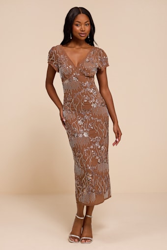 Angelila Light Brown Sequin Beaded Short Sleeve Midi Dress 1