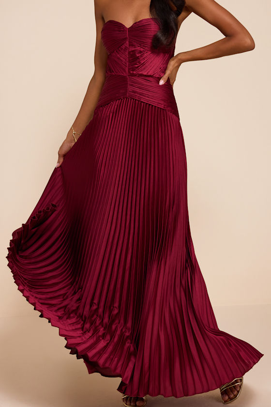 Elkay Burgundy Pleated Satin Drop Waist Maxi Dress 1