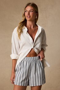 Classic Ivory and Navy Striped Linen Beach Shorts 1