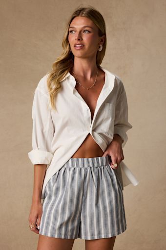 Classic Ivory and Navy Striped Linen Beach Shorts 1