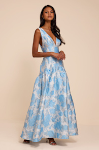 Valna Light Blue Floral Jacquard Drop Waist Maxi Dress 1