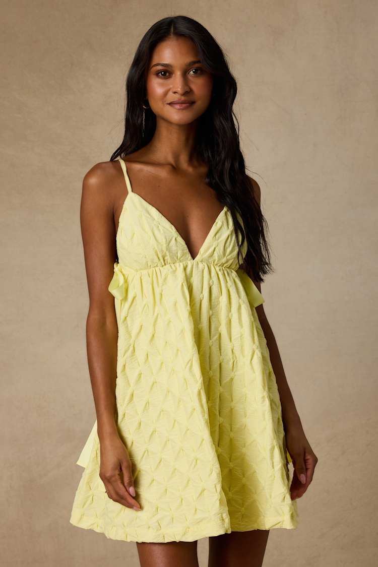 Lulus | Yellow Textured Babydoll Mini Dress | Womens | X-Large (Available in XS, S, M, L)