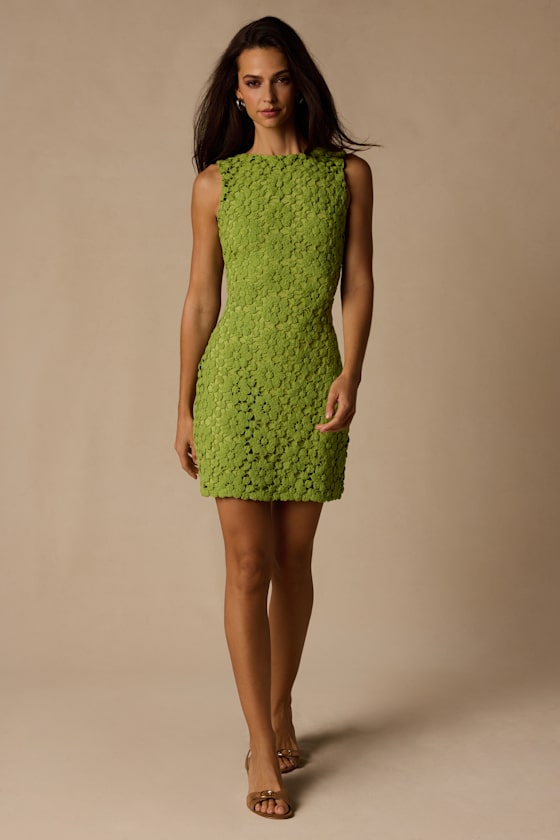 Jazlene Bright Green Crochet Knit Mini Dress - thumbnail 3