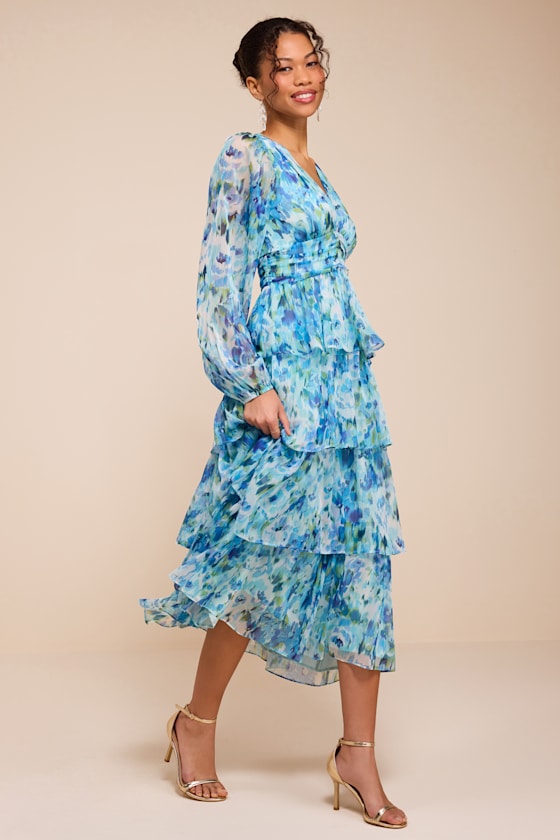 Nalia Light Blue Multi Floral Tiered Midi Dress - thumbnail 4