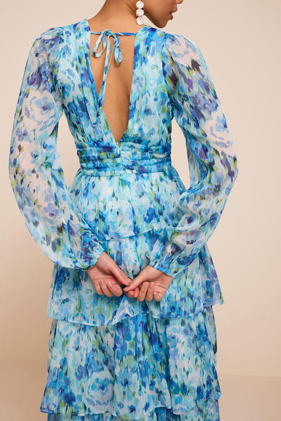 Nalia Light Blue Multi Floral Tiered Midi Dress - thumbnail 5