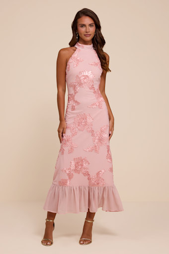 Margaret Light Pink Textured Ruffled Midi Dress 1