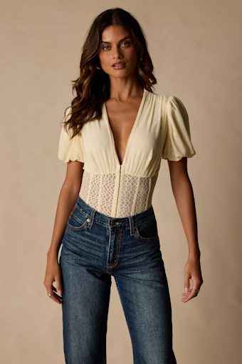 Properly Trendy Cream Mesh Puff Sleeve Bodysuit 1