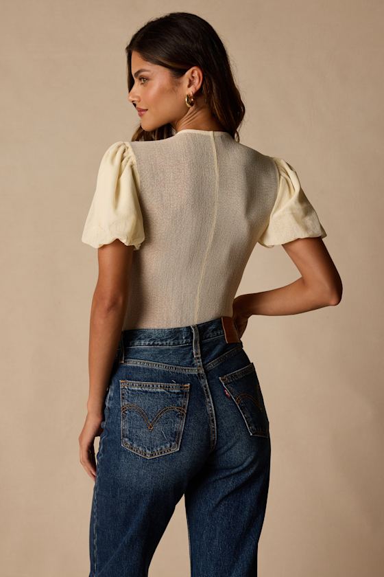 Properly Trendy Cream Mesh Puff Sleeve Bodysuit 2