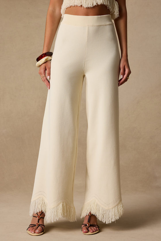 Helisa Cream Sweater Knit High-Rise Fringe Pants 2