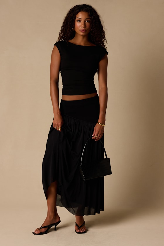 Olene Black Mixed Media Asymmetrical Maxi Skirt 1