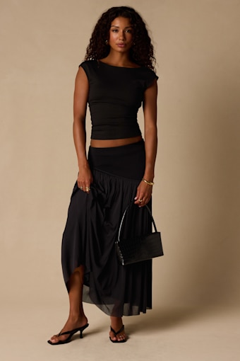 Olene Black Mixed Media Asymmetrical Maxi Skirt 2