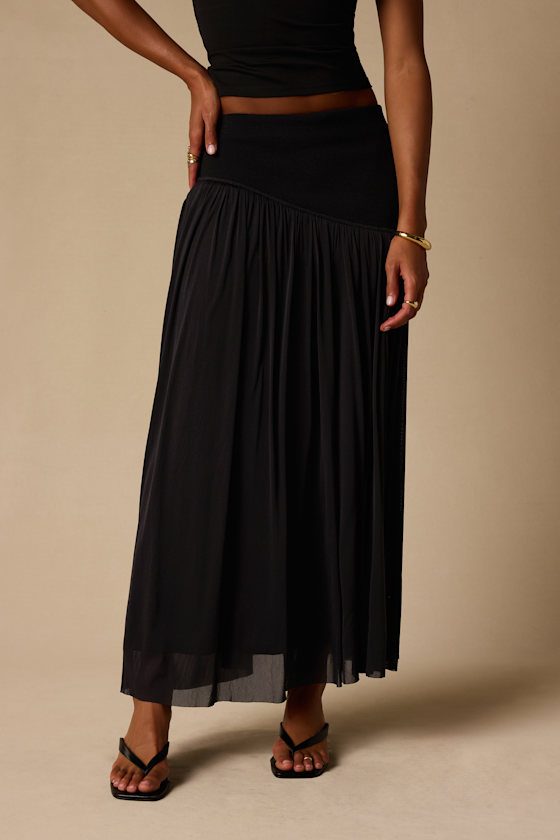 Olene Black Mixed Media Asymmetrical Maxi Skirt 3