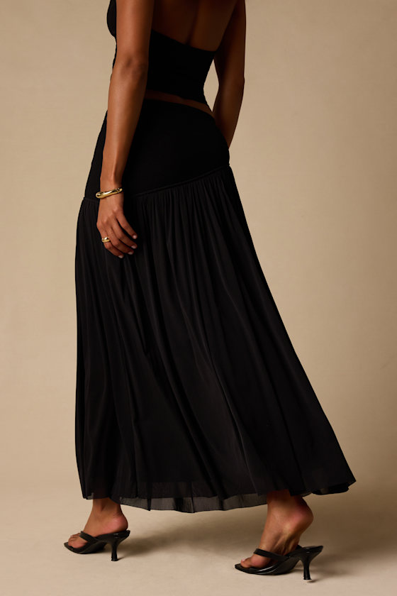 Olene Black Mixed Media Asymmetrical Maxi Skirt - thumbnail 3