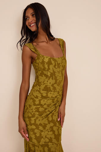 Celeste Olive Green Floral Burnout Bustier Maxi Dress 1