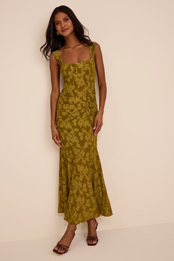 Celeste Olive Green Floral Burnout Bustier Maxi Dress 2