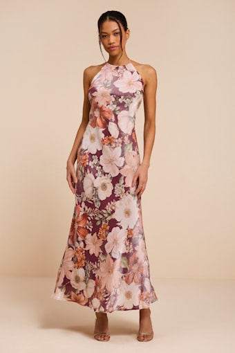Sidney Dark Mauve Multi Floral Halter Maxi Dress 1