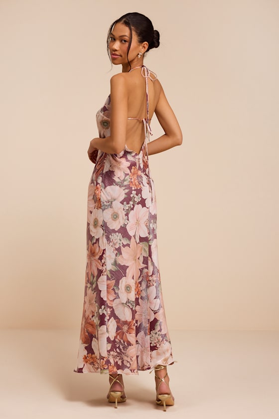 Sidney Dark Mauve Multi Floral Halter Maxi Dress - thumbnail 3