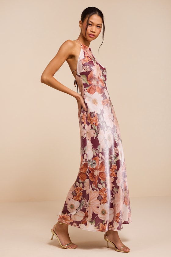 Sidney Dark Mauve Multi Floral Halter Maxi Dress - thumbnail 4