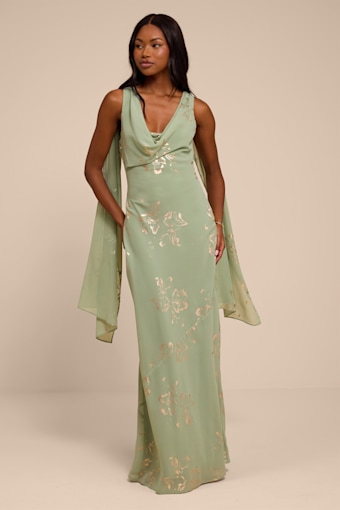 Sidonia Sage and Gold Floral Cowl Sash Maxi Dress 1