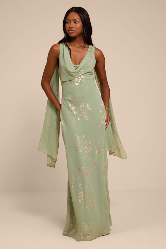 Sidonia Sage and Gold Floral Cowl Sash Maxi Dress 1
