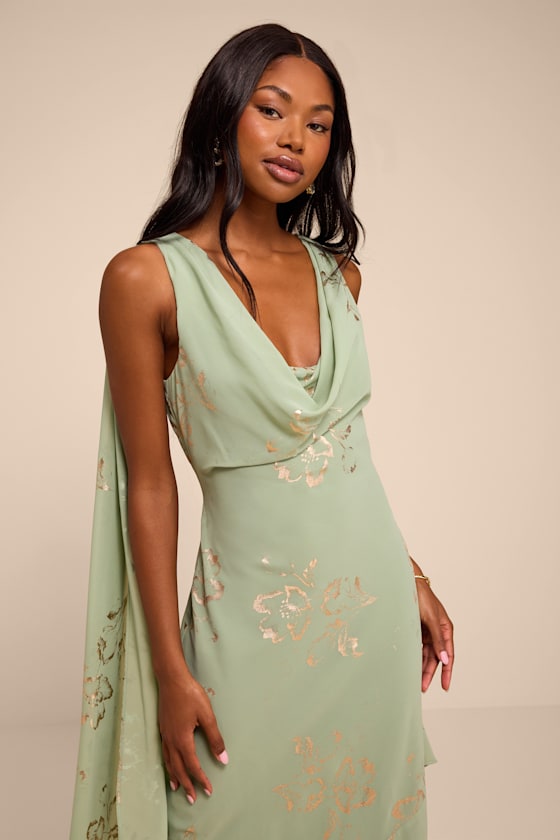 Sidonia Sage and Gold Floral Cowl Sash Maxi Dress 2