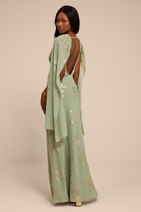 Sidonia Sage and Gold Floral Cowl Sash Maxi Dress - thumbnail 3
