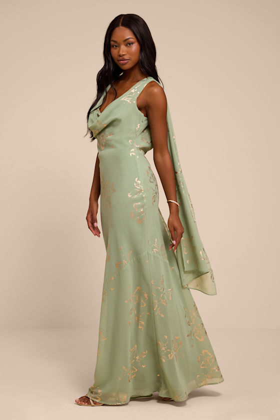 Sidonia Sage and Gold Floral Cowl Sash Maxi Dress - thumbnail 4