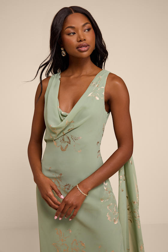 Sidonia Sage and Gold Floral Cowl Sash Maxi Dress - thumbnail 5
